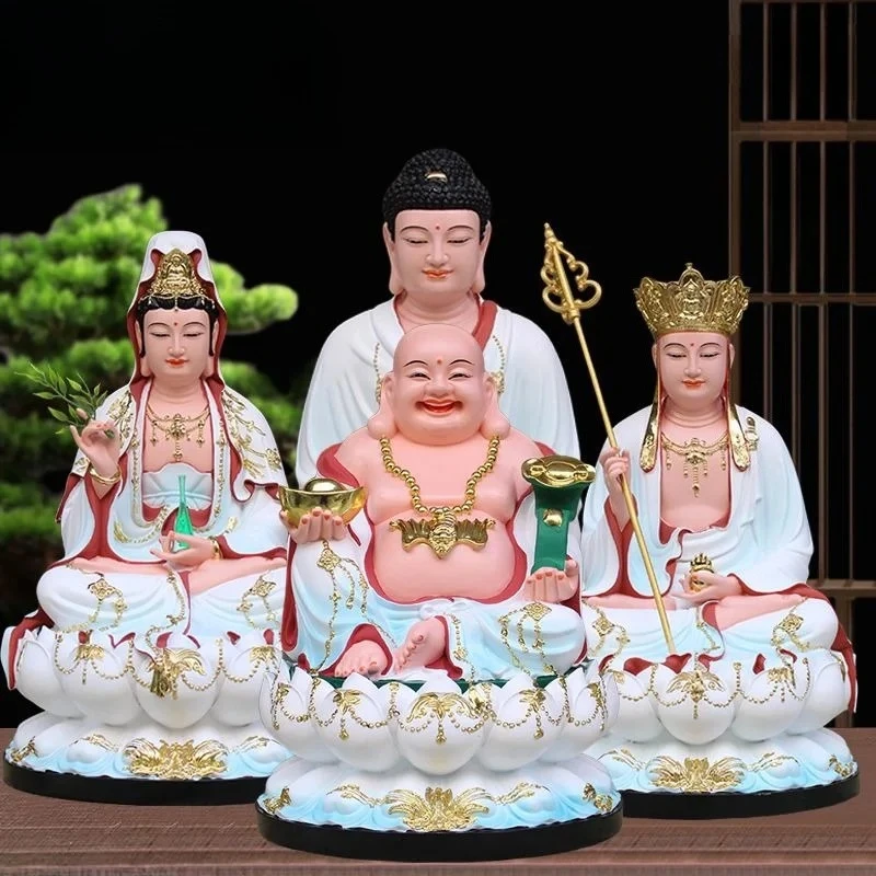 Full Hall Buddha Statues, Sakyamuni Buddha, Ksitigarbha, Guanyin, Maitreya, Home Altar Three Saints Buddhist Worship Figurines