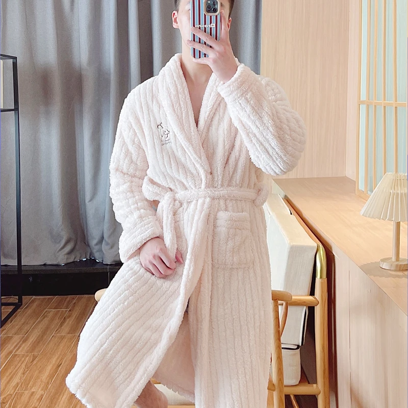 Men's robe - rabbit apricot white