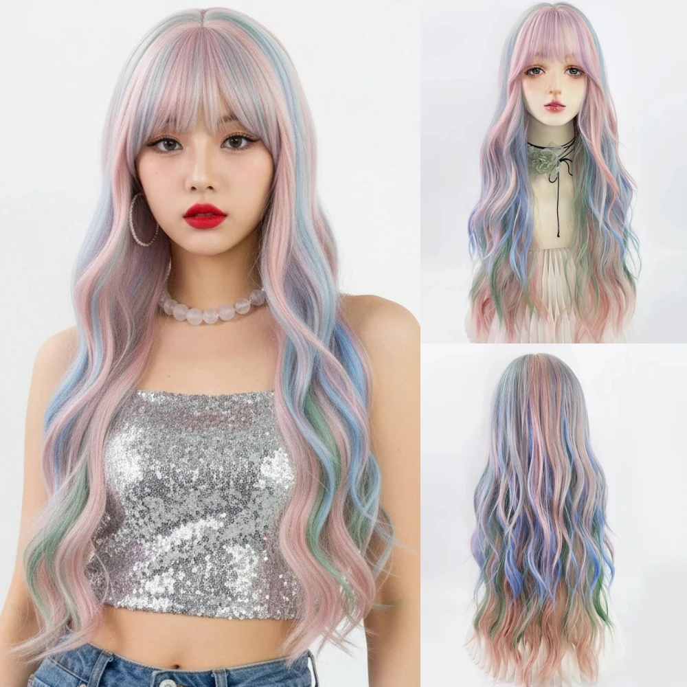 

Женский термостойкий длинный прямой парик розового цвета из синтетического волокна в стиле Лолита с челкой для косплея, вечеринок и повседневной носки