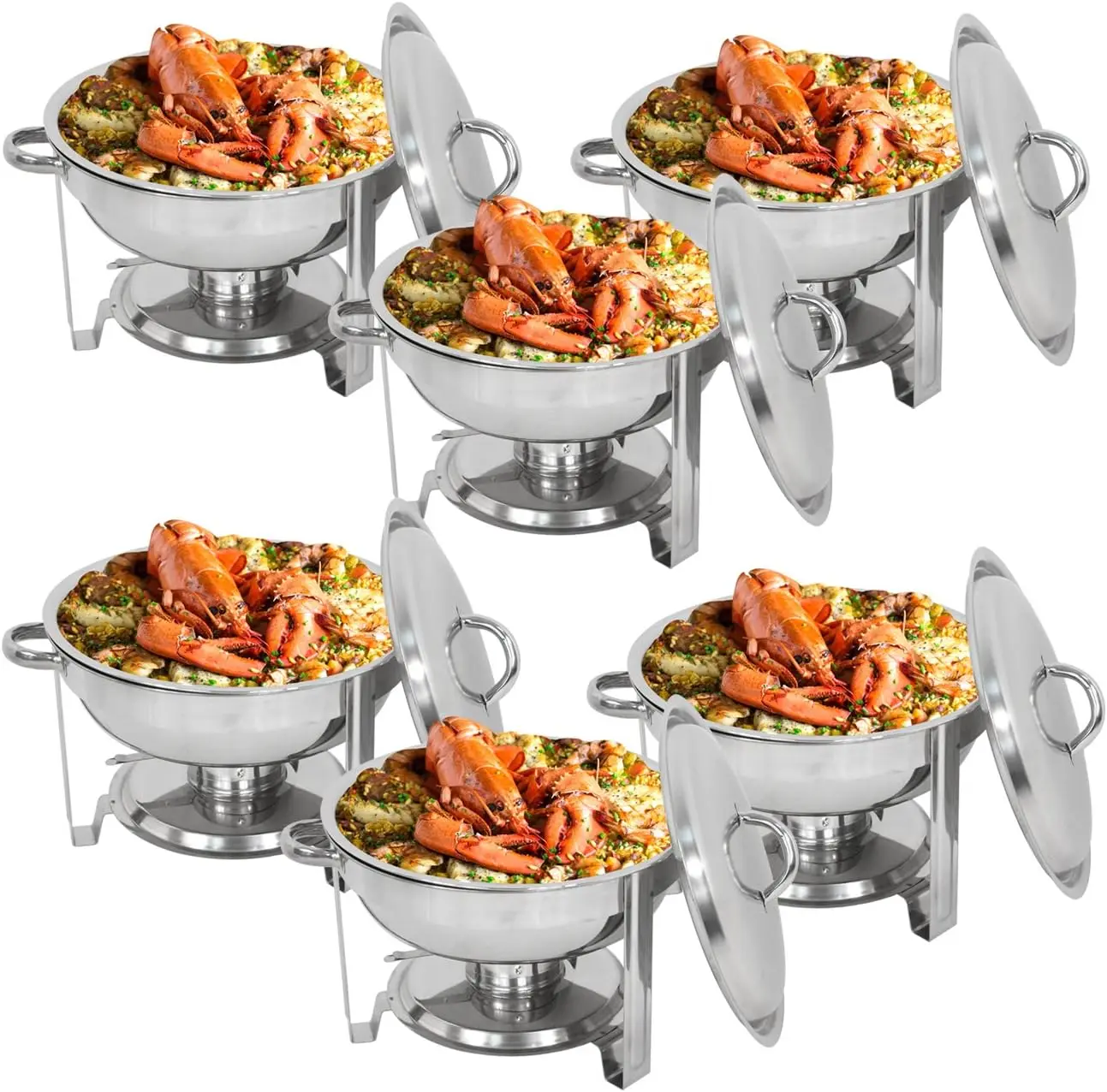 

F2C 6 Pack of Stainless Steel Round Chafing Dish Buffet Set Chafer Warmer Set with Trays Pan Lid Folding Frame Stand for