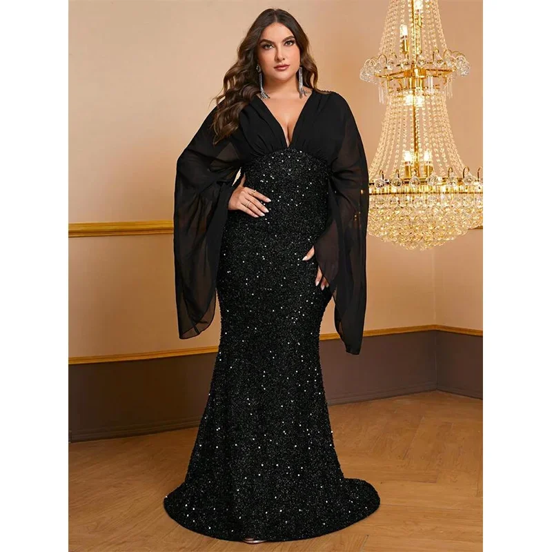 Plus Size 4xl 5xl Fishtail Floor-Length Evening Dress, Sequined, Chiffon, Long-Sleeved, V-Neck, Big Size, Luxury, Plus Size