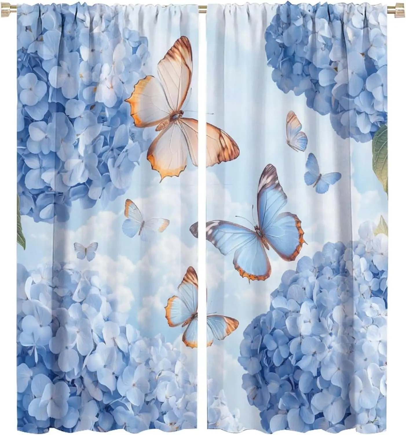 Aesthetic Blue Hydrangea Butterfly Floral Curtain Drapes for Bedroom Living Room Window Treatment Polyester Breathable Spring De