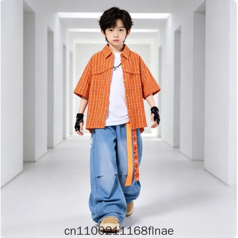 children's-street-dance-costume-performance-set-boys'-hip-hop-children's-costume-hip-hop-orange-checkered-shirt-jeans-set