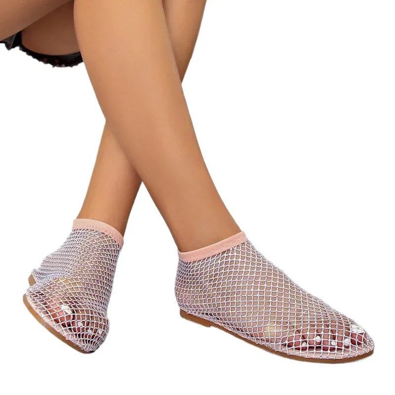 Slip-On Mesh Stoff runde Zehen flache Boden Damen Sandalen Schuhe für Frauen 2024 neue Mode Sommer atmungsaktive Party Sandalen Frauen