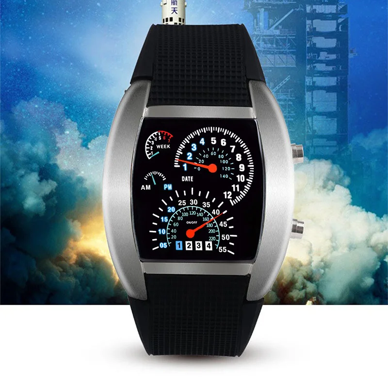 Orologio binario per auto alla moda da uomo Orologi digitali a led Orologi da polso elettronici multifunzione da uomo che imitano un orologio da cruscotto da corsa