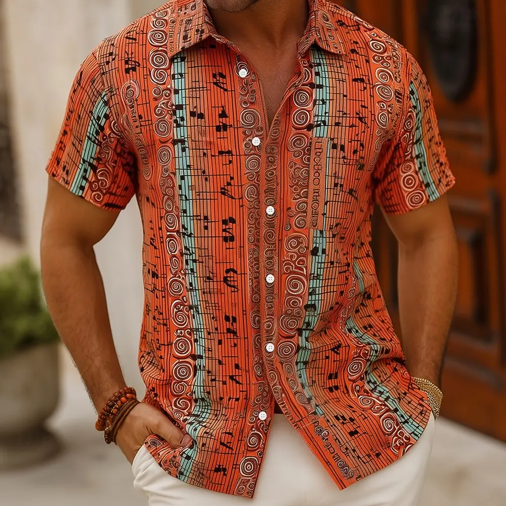 Camisa con estampado 3D de notas musicales estilo musical para hombre, camisa de manga corta con cuello vuelto y botones, atuendos festivos para primavera y verano
