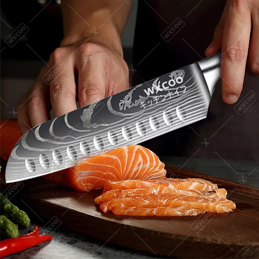 WXCOO Laser Damascus Pattern Kitchen Knife Stainless Steel Chef Utility Knife Fruit Peeling Knife Resin Handle with Gift Box