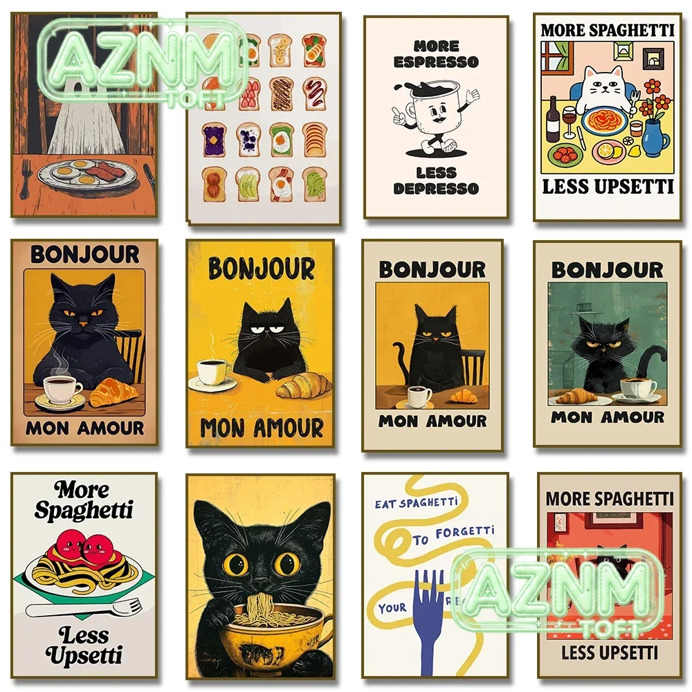 Bonjour Mon Amour Cat More Spaghetti, Less Upsetti Poster Food Kitchen Canvas Painting Print Wall Art Picture Home Decoration