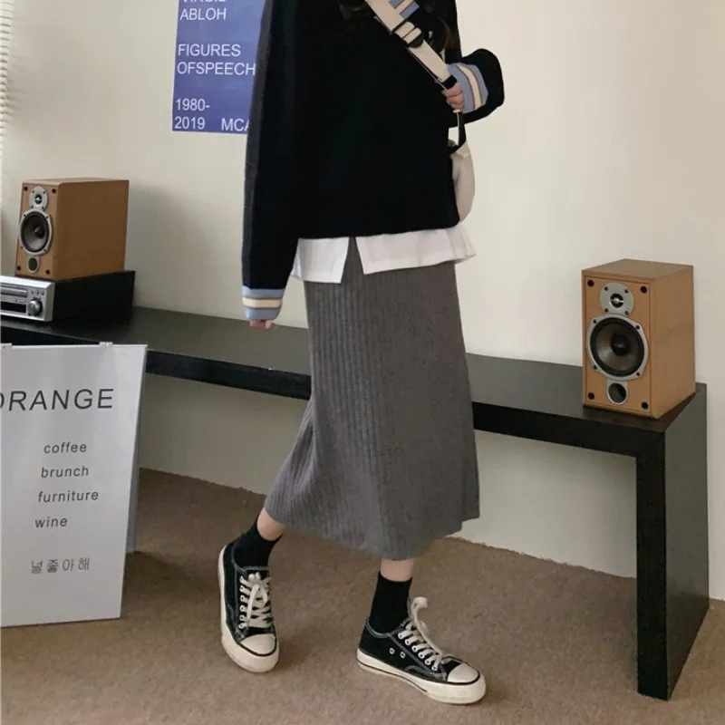 

Split Sexy Knitting Skirts Women Tender Cozy High Waist Winter Sweet Girls Mid-calf Popular All Match Retro Streetwear Mujer OL