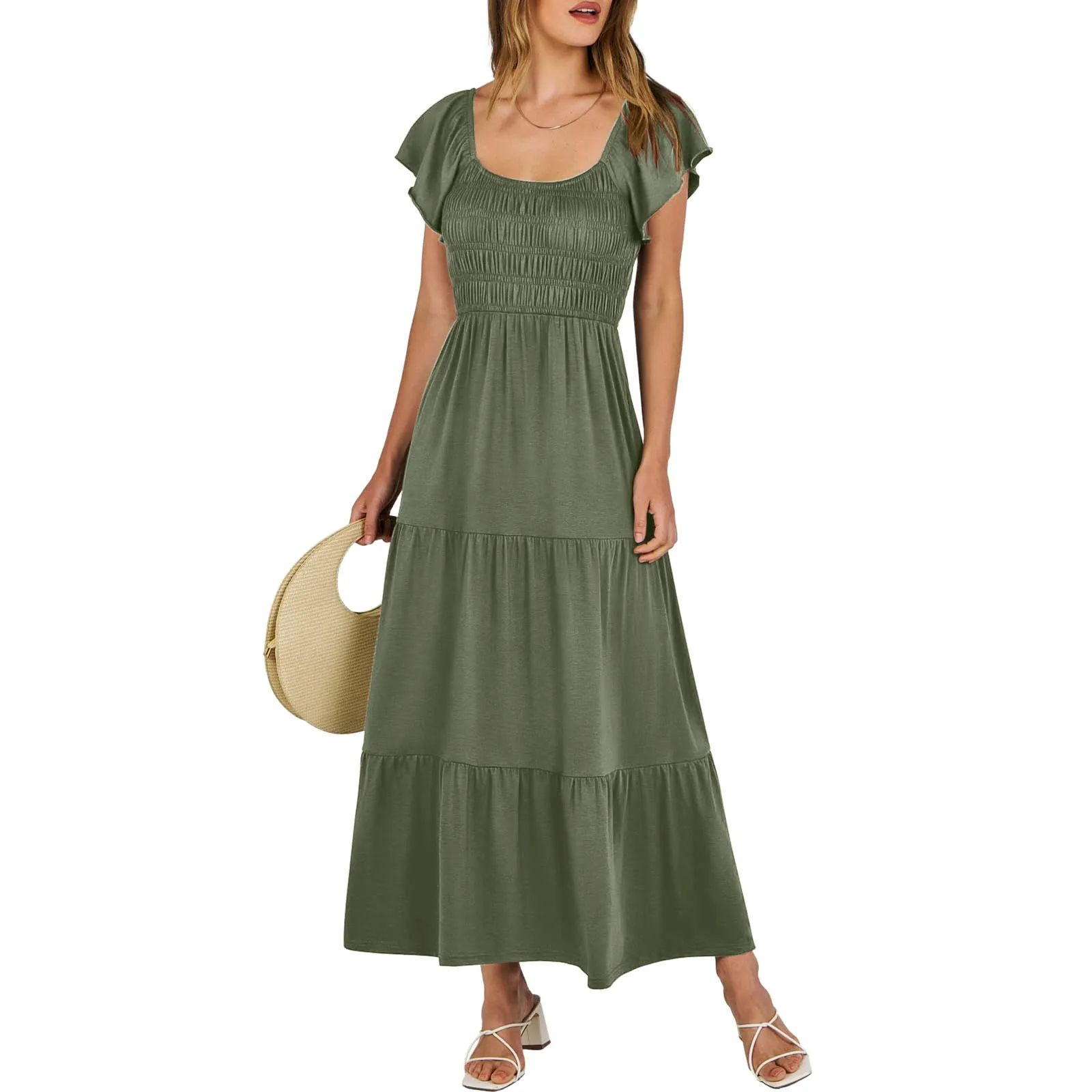 

Womens Maxi Dresses for Summer Casual Flutter Short Sleeve V Neck Smocked Elastic Waist Tiered A Line Maxi Dress for Women 2024