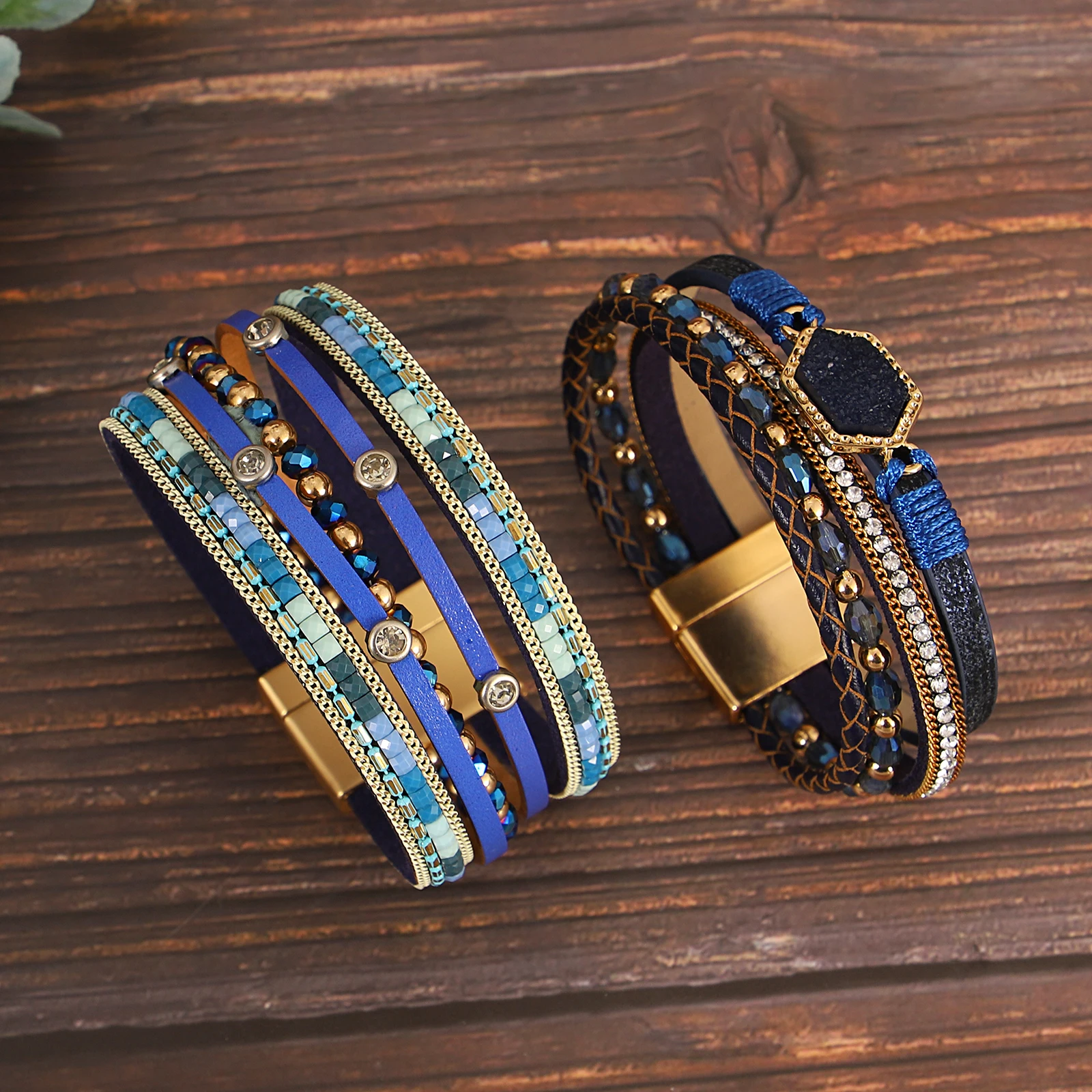 Amorcome Luxurious Sparkling Rice Bead Chain Multi layer Leather Bracelet Women Stackable Bracelet Exquisite Party Jewelry Gift