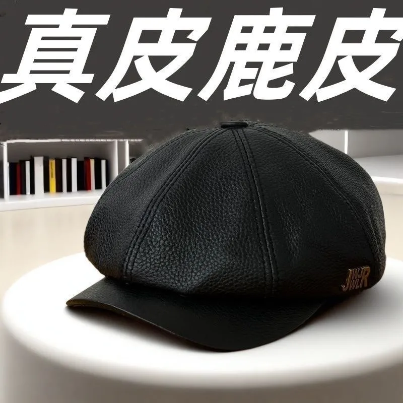 Top layer leather hats men's and women's fashionable octagonal berets middle-aged old ones