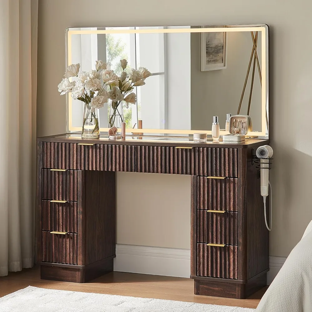 

48 Fluted Makeup Vanity Desk with Large Led Lighted Mirror, Modern Vanity Table with 8 Drawers & Charging Station.