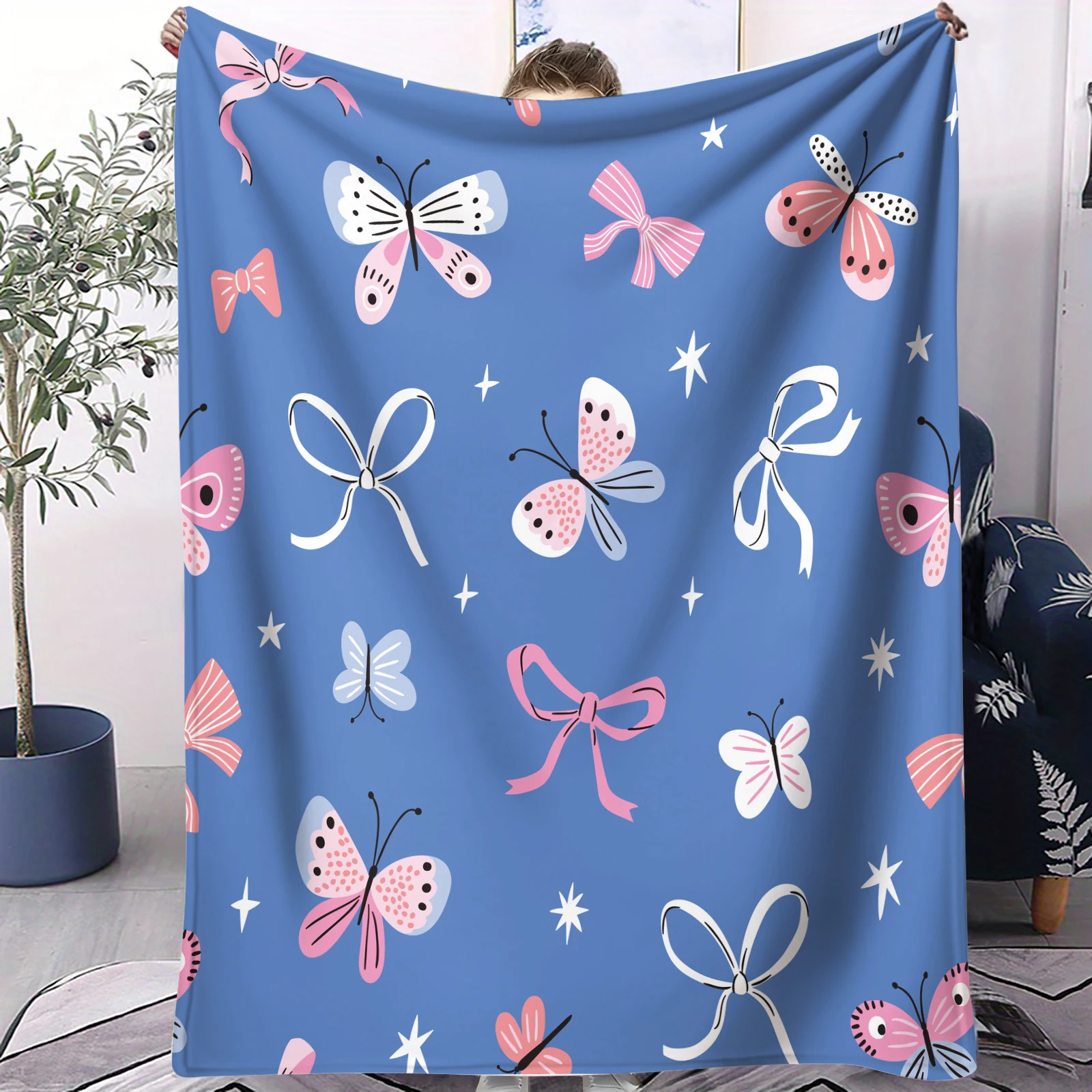 

Теплое и уютное фланелевое одеяло с принтом «Милые звездные бабочки и банты» для дома, кемпинга, путешествий, подарок для девочек и мальчиков