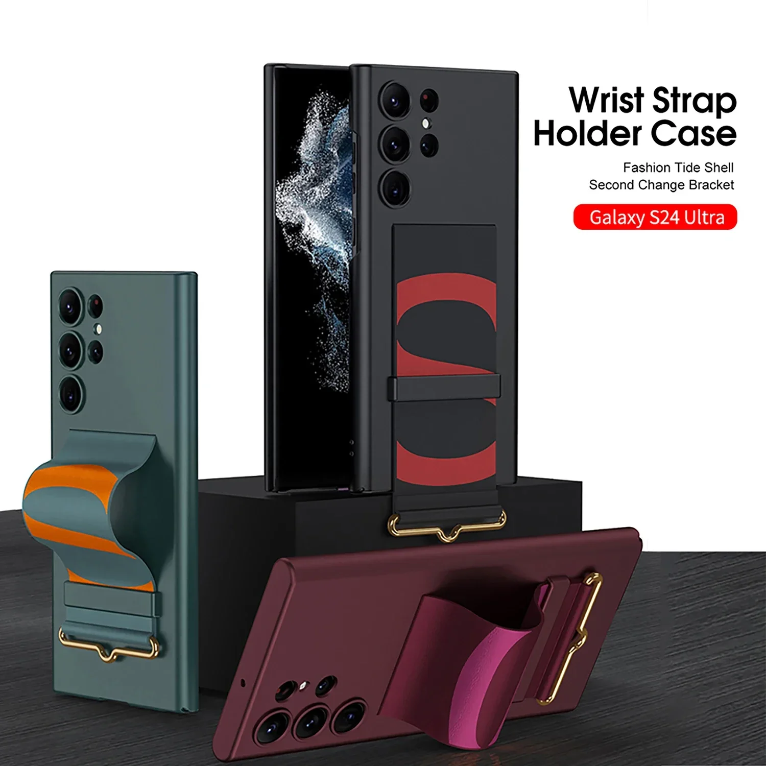 

Shockproof Armor Wrist Strap Plastic Case For Samsung Galaxy S24 Ultra Leather Wristband Stand Hard Cover For Galaxy S23 Ultra