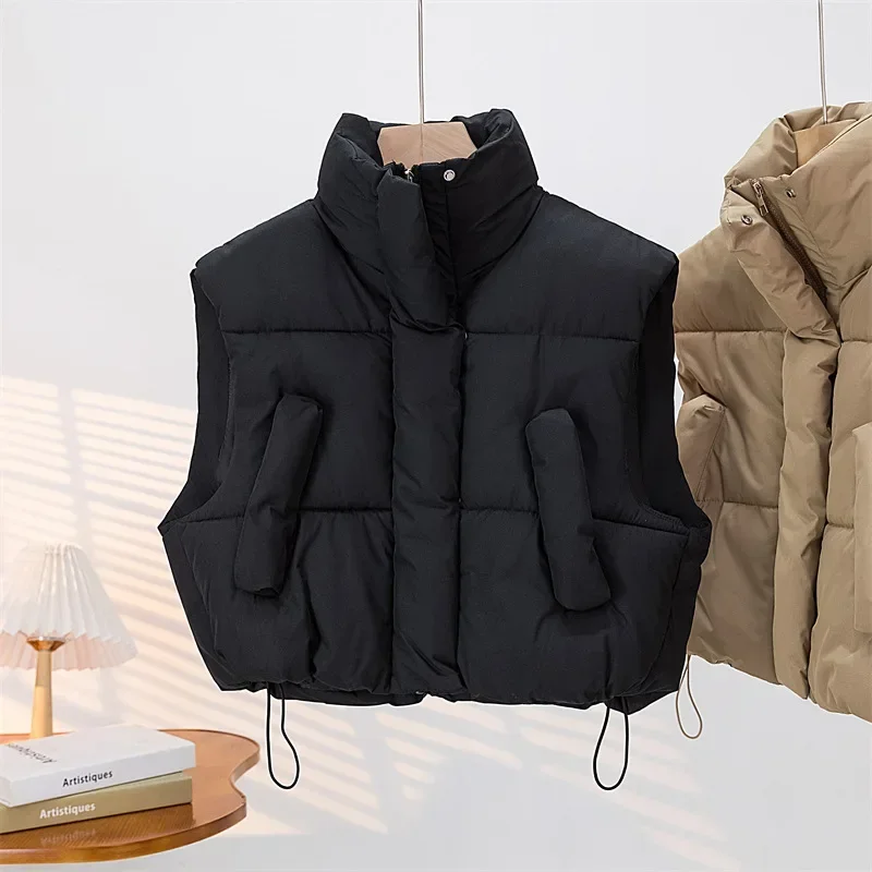 Women Warm Parkas Single Breasted Coats Autumn Winter Vest Coat Khaki High Waist Casual Vests Elegant Y2k Jackets Thick 2024