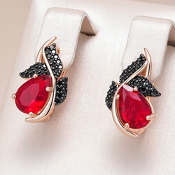 Kinel Hot Shiny Red Natural Zircon Drop Earrings Women 585 Rose Gold and Black Plating High Quality Daily Fine Vintage Jewelry