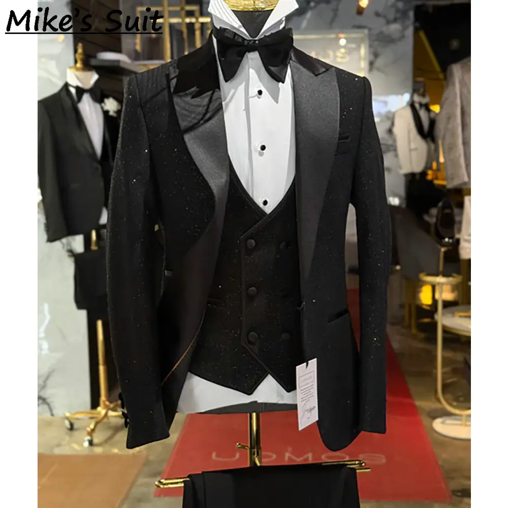Black Glitter Crystal Designer Man Suit For Wedding Prom Blazer Customized 2 Piece Sets Groom Wedding Tuxedos