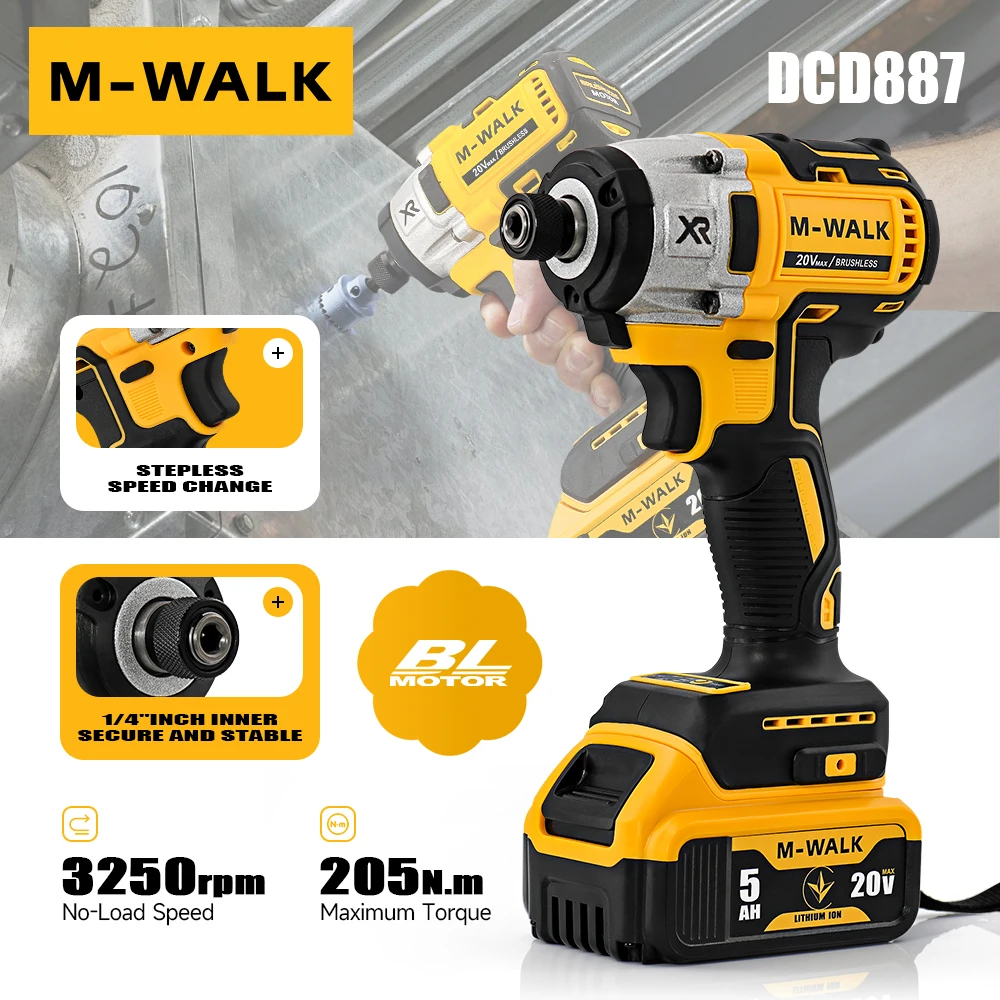 Brushless Electric Driver 205N.m Cordless Screwdriver Impact Hand Electric Drill Electric Tool For Dewalt 20V Battery Pin DCD887