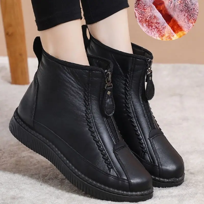 2023 Winter Women Ankle Boots Fashion Warm Mother\'s Boots Flat-Bottom Comfortable Non Slip Front Zipper Closure Female Footwear