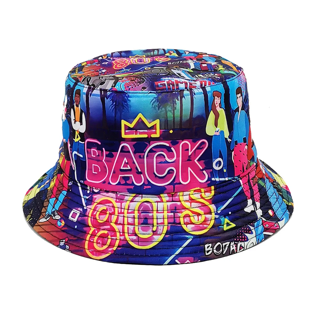 Retro 80er Jahre Klassischer Wendbarer Bucket Hat Sonnenschutz Panama Damen Herren Sommer Sonnenschutz Dekorativer Fischerhut Unisex Hip-Hop