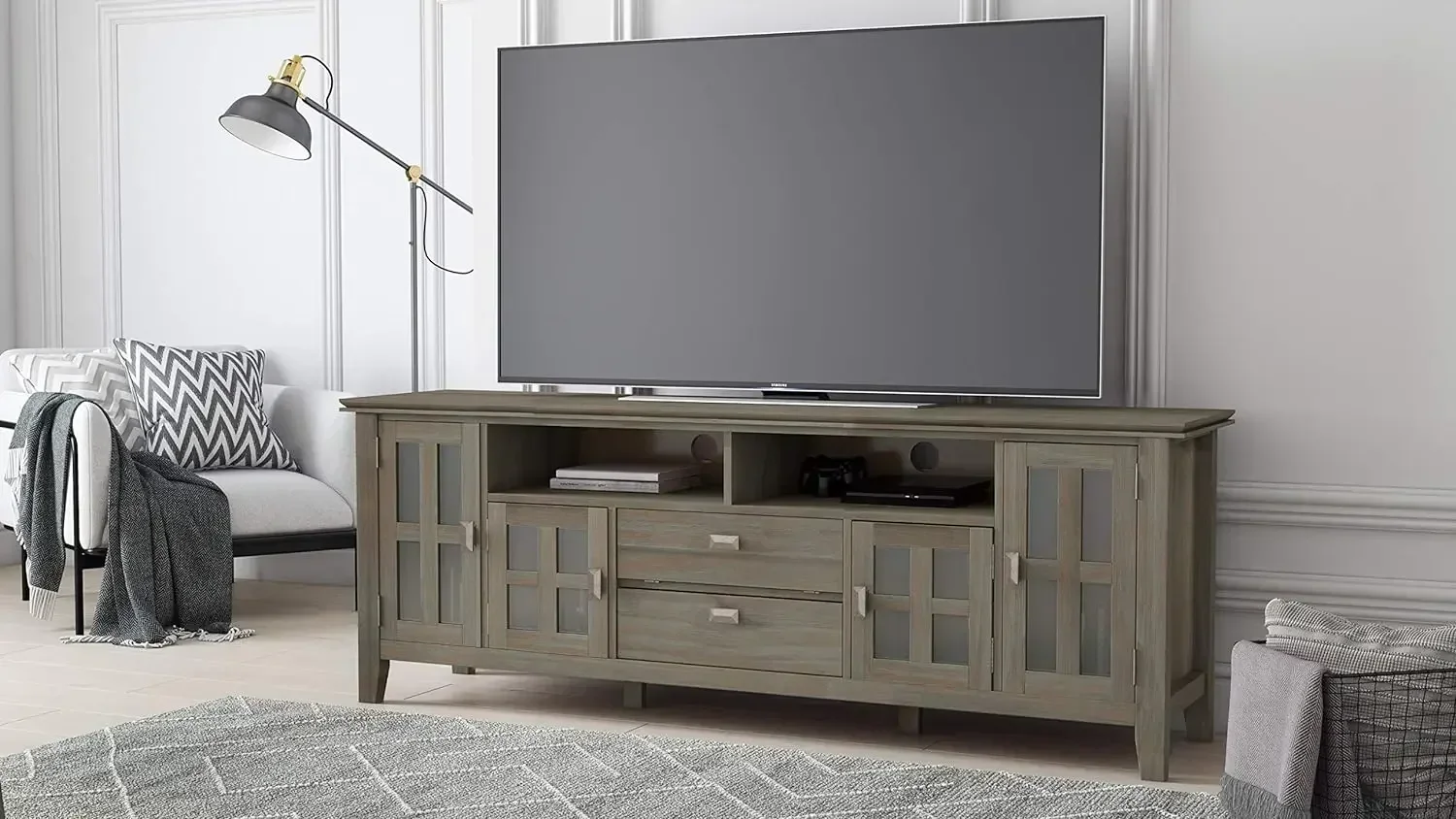 

Universal TV Media Stand,72 inch Wide,Living Room Entertainment Center,Storage,for Flat Screen TVs up to 80 inches in Distressed