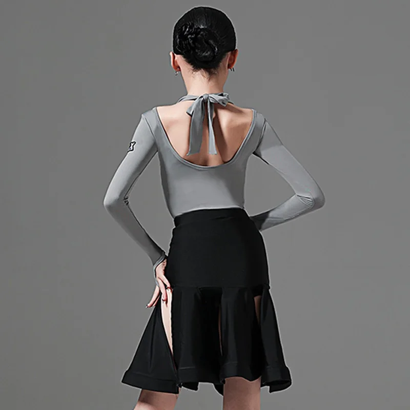 Latin Dance Costume Competition Wear Grey Long Sleeve Black Irregular Skirt Rumba Dance Clothing Practice Dancing Clothes AMY63