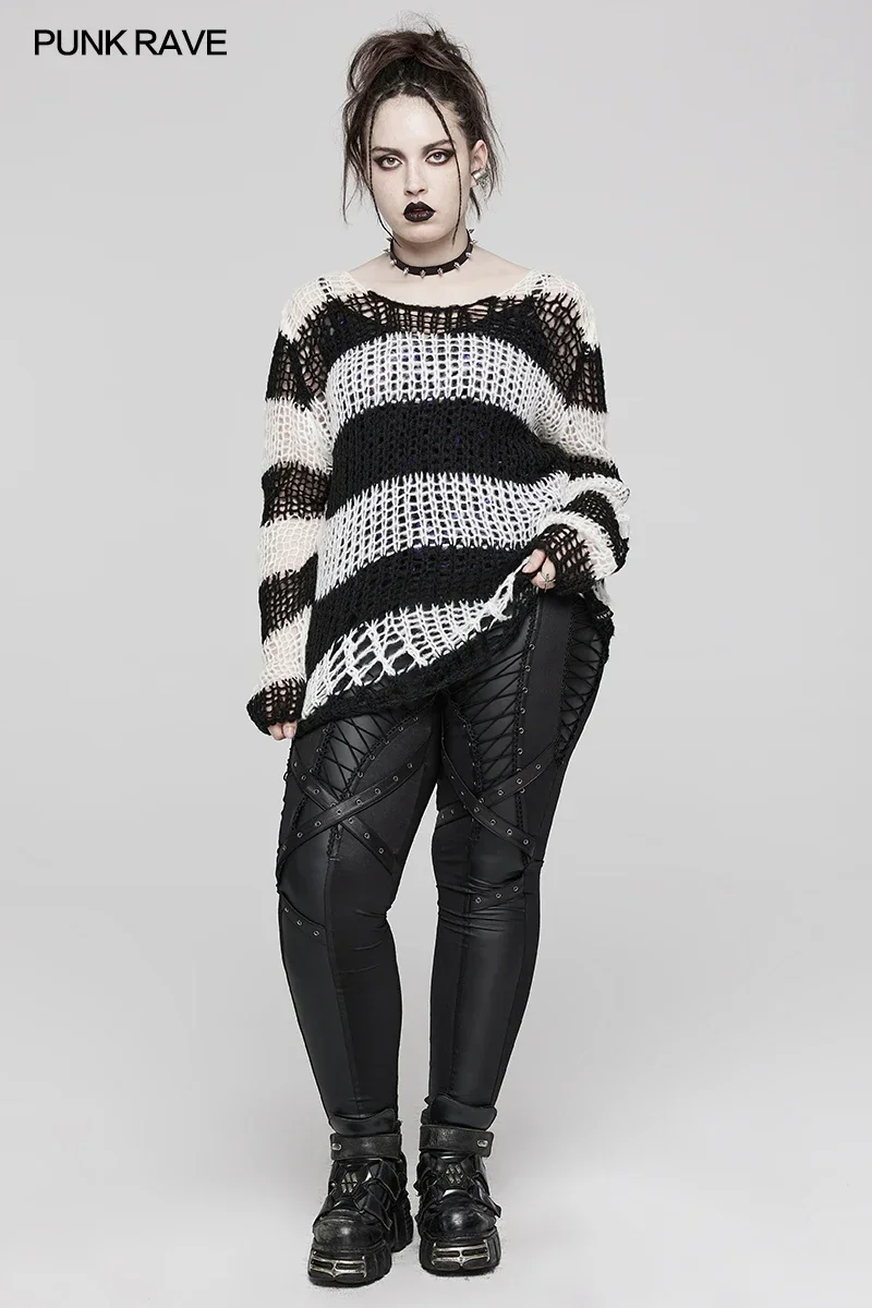 PUNK RAVE Maglione pullover con o-collo in mohair decadito da donna Punk Top larghi in rete a righe versatili quotidiane