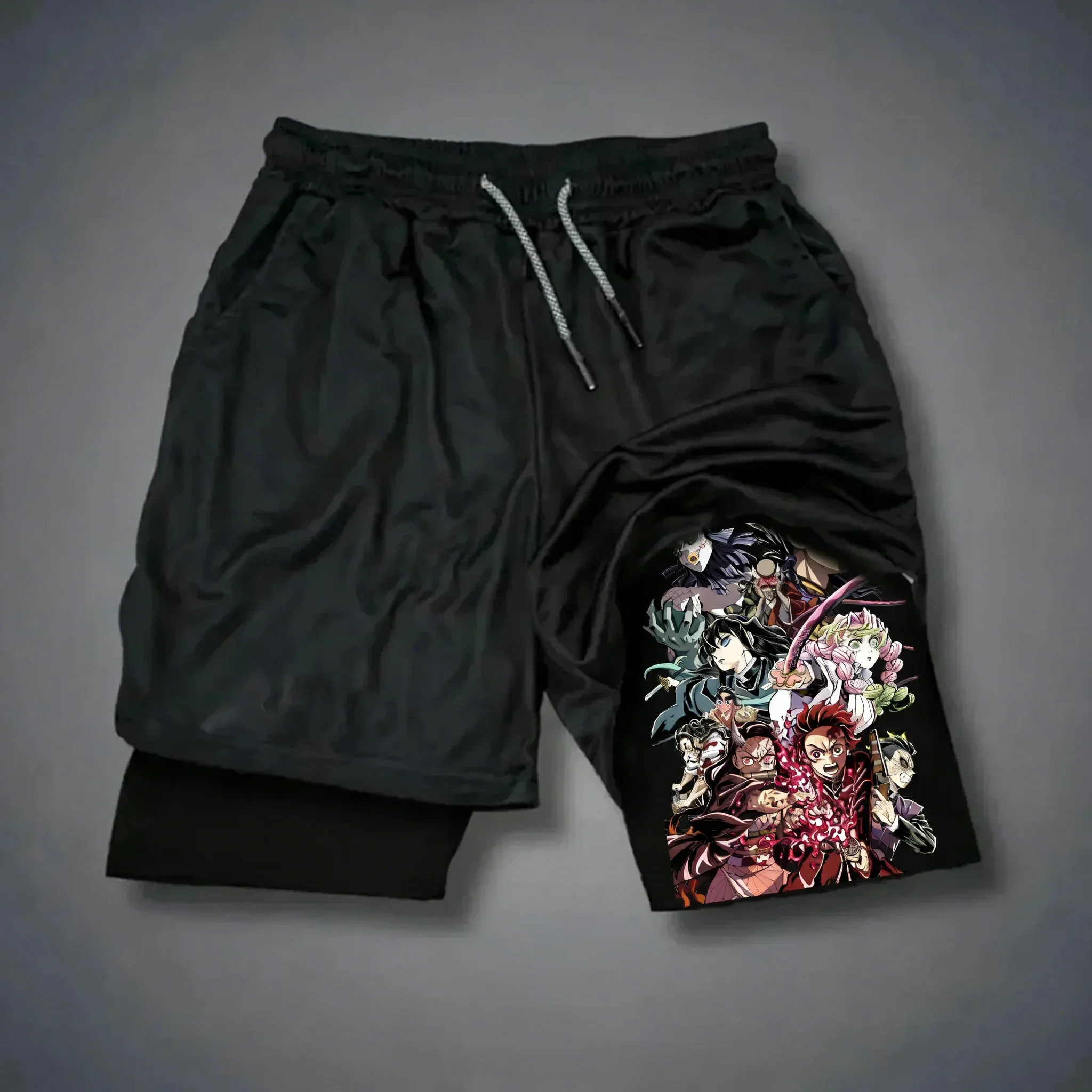 

2026 Demon Slayer Anime Printed Double Layer Shorts 2026 Summer New Men's and Women's Fitness Sports Breathable 2-in-1 Shorts