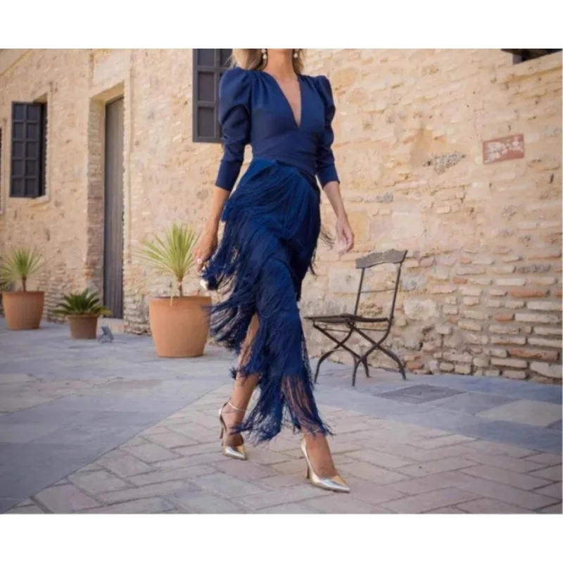 Élégant col en V profond mince robes de bal 2025 printemps solide épissé gland longue robe femmes à manches longues nouvelle automne Maxi robe