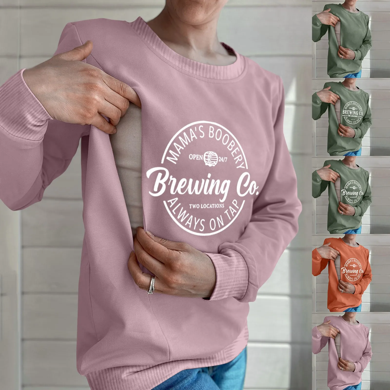 Women Leisure Maternity Nursing Sweatshirt Round Neck Long Sleeved Pullover Loose Letter Printed Breastfeeding Mom Sweatshirt