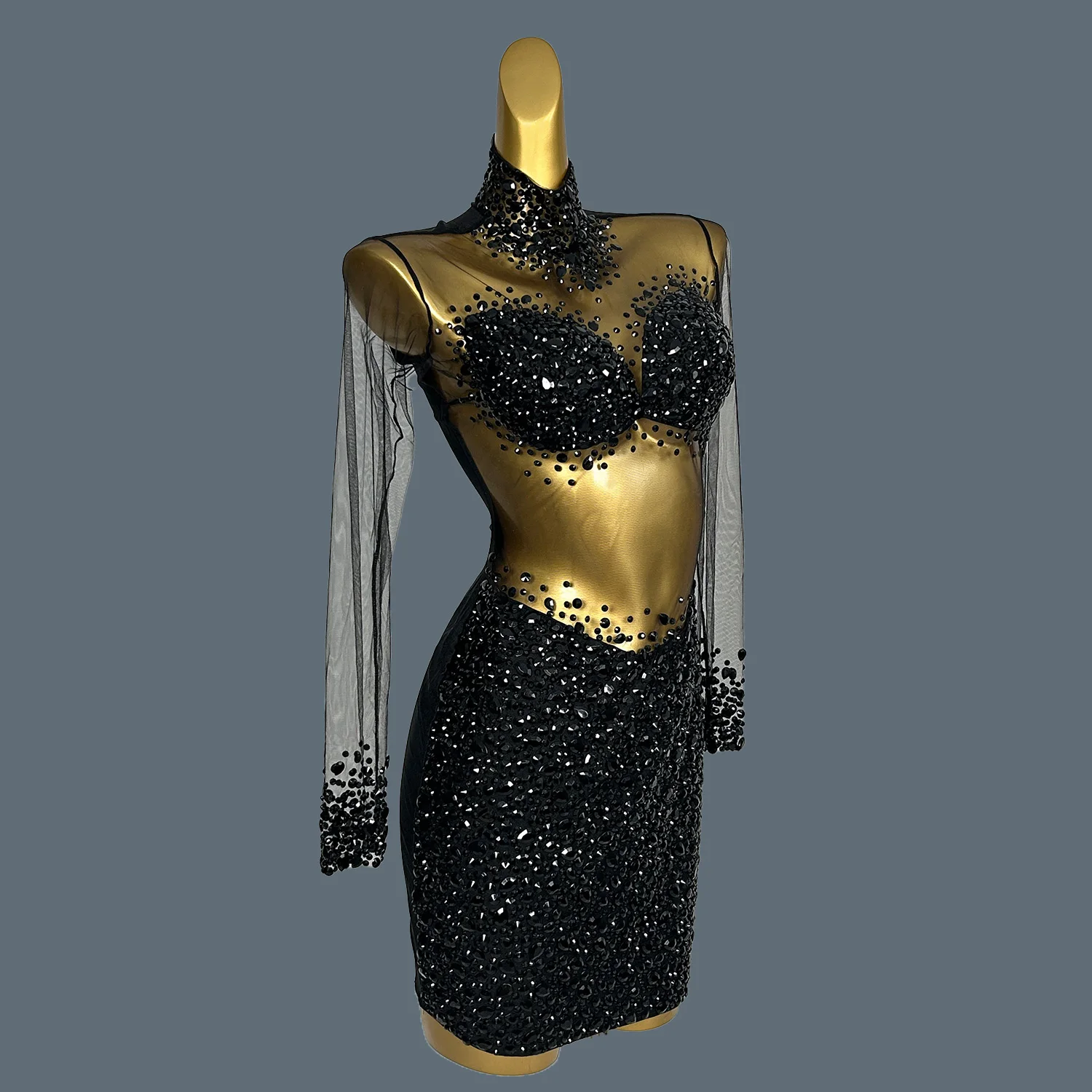 Black Rhinestone Sheer Short Dress Women Hot Drilling Crystals Party Dress Birthday Queen Stage Drag Queen Costume Wangshazuan