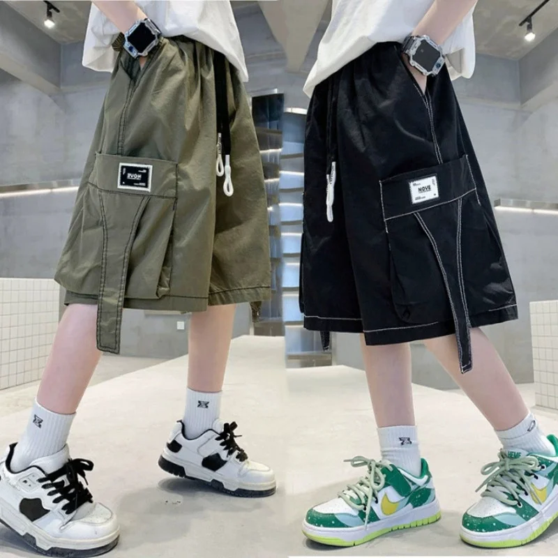 

Summer Thin Work Pants Boys Shorts Children's Fashion Loose Sweatpants 2025 New Kids Pocket Casual Pants 5-14 Years