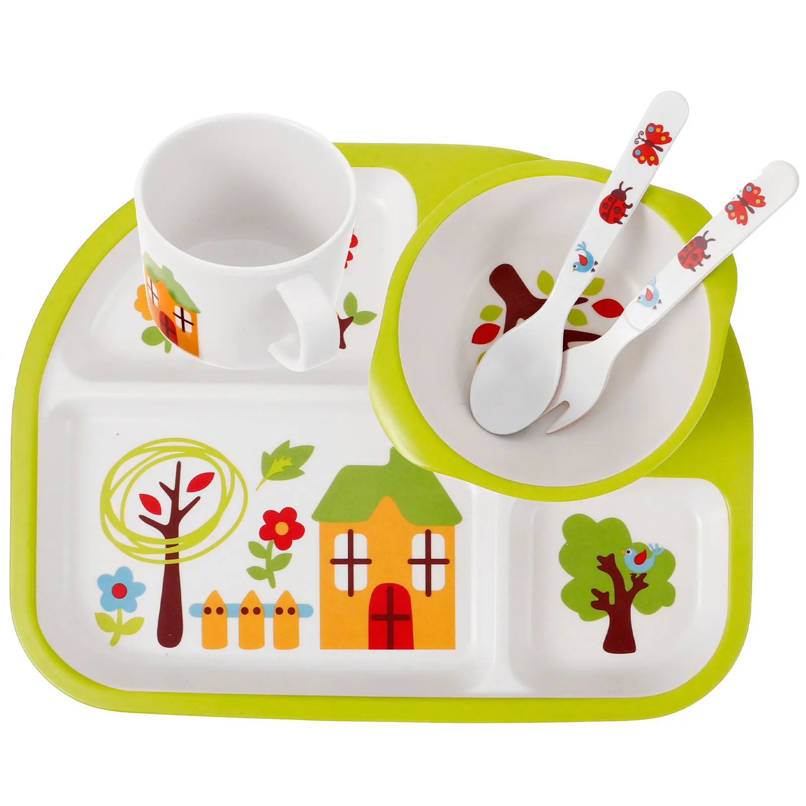 1Set Bamboo Fiber Bowl Dinner Tray Set Creative Drop-Proof Baby Separate Plates Cutlery for Toddlers Green Bamboo Fiber Bowl