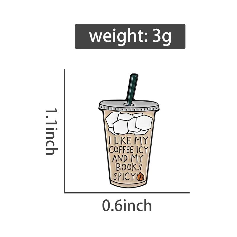 I Like My Coffee Icy and Books Spicy Enamel Pins Reading Brooches Lapel Badges Cartoon Bookish Jewelry Gift for Reader Friends