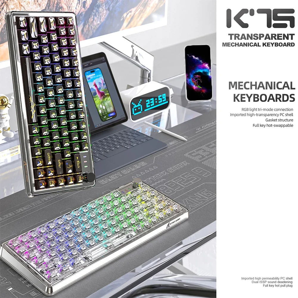 Attack Shark K75 Gaming Mechanical Keyboard  Hot Swappable RGB Wireless Tri-Mode Souble ISSP Sound Attenuation Gasket Structrue