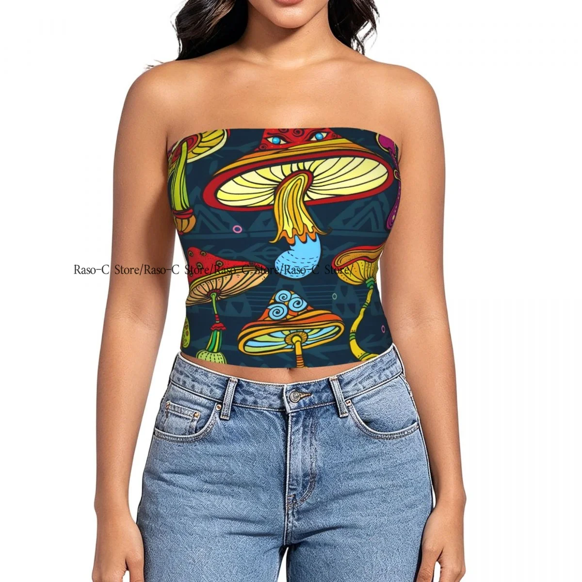 Women Block Crop Slim Tube Top Mushrooms Swirls Eyes Psychedelic Botany And Growth Strapless Top For Summer Female Clothing