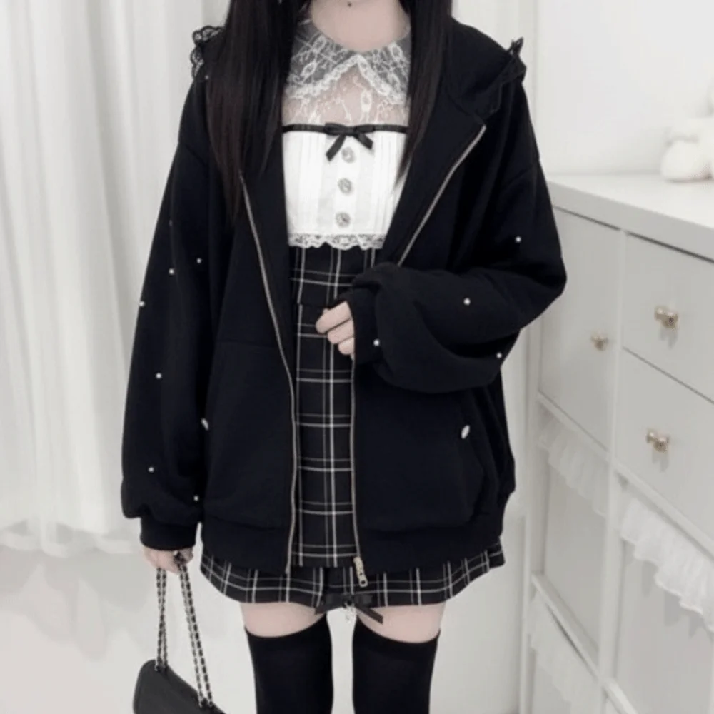 

Толстовка с длинными рукавами и заячьими ушками, толстые теплые зимне-осенние кардиганы, женские Y2K Lolita JK Kawaii, толстовка с заячьими ушками