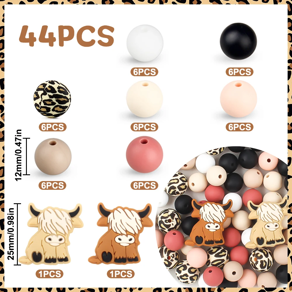 44Pcs/Set Silicone Beads Cow Yak Loose Round Focal Beads Set For Jewelry Making DIY Keychain Bag Beaded Pen Decor Supplies