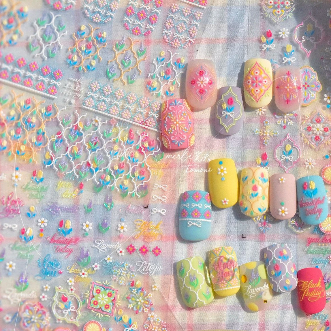 

Chic Lavender Tulip Flower Bowknot Totem Center Symmetric Pattern Daisy Line Gird Self Adhesive Nail Art Stickers Manicure Decal