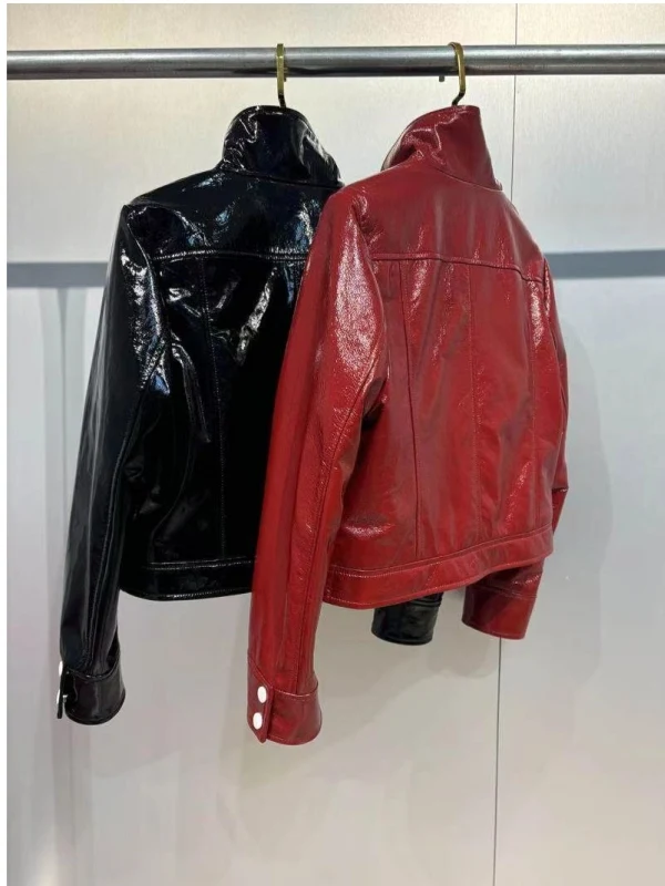 Jaet in pelle da donna di lusso trapuntata colletto alla coreana Biker ort Cappotto Street Sle Zipper Slim Fit lungo Sve Capispalla primaverile