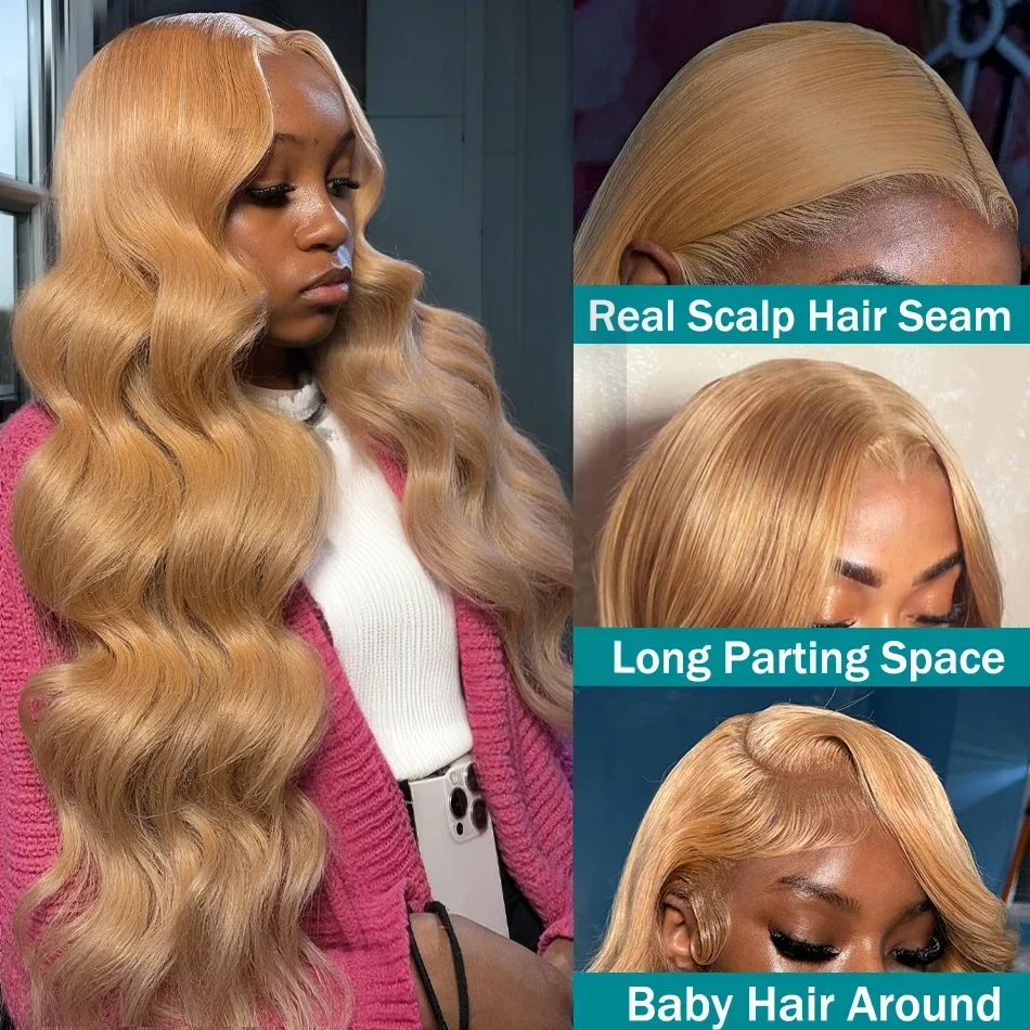 # 27 colores 13x6 HD onda del cuerpo rubio miel frente de encaje peluca de cabello humano resaltar 13x4 pelucas frontales de encaje transparente Pre desplumado