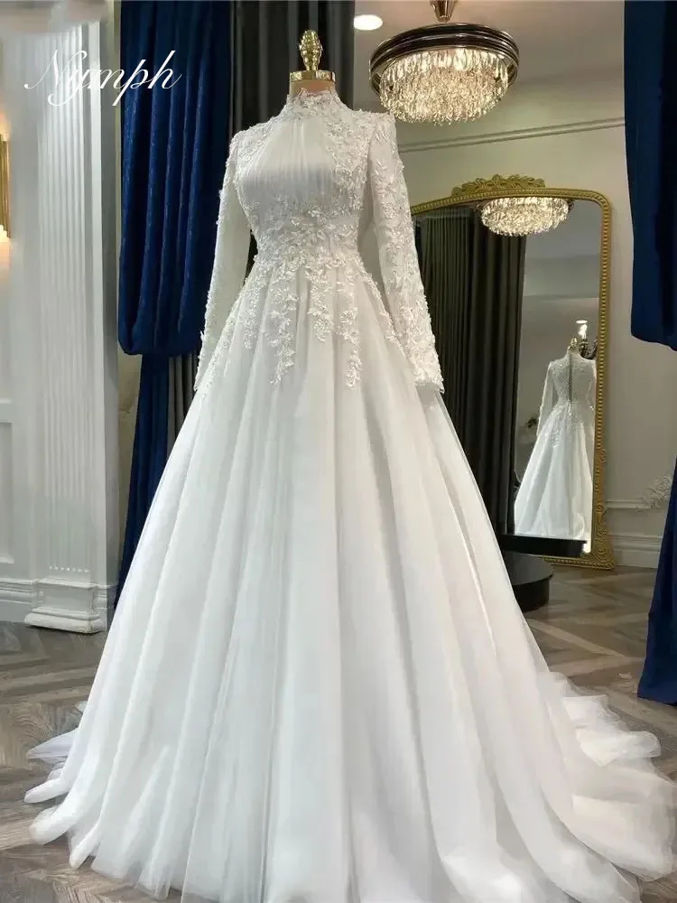 

Nymph Customized Elegant Muslim Wedding Dress Woman Appliques Flower Arabic Dubai Long Sleeves Bridal Dress Tulle Robe Mariage