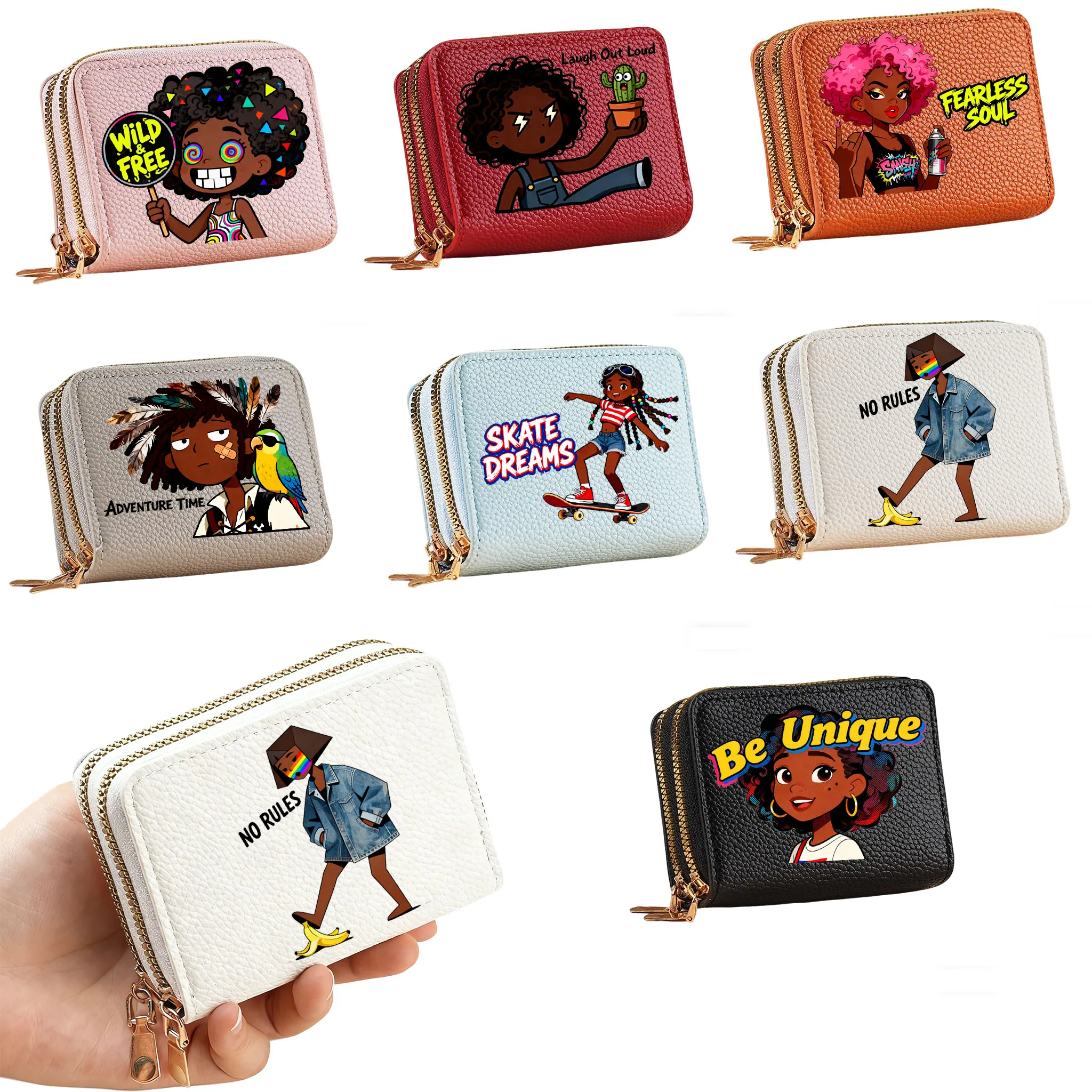 

1Pc Black Girl Theme Coin Purse Black Liberation Day Series Credit Card multi-slot Storage Bag Double Zipper Layered Coin Purse