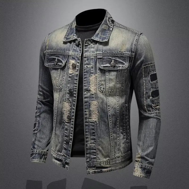 Spring and Autumn Retro Distressed Men's Denim Jacket, Youth Korean Slim Fit Jacket, Handsome Men's Clothing Jacket Trend