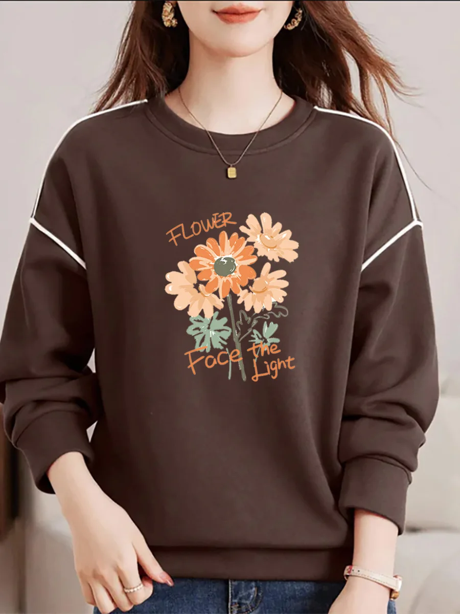 

Long Sleeve Pure Cotton Sweatshirt Women's Patchwork Color Block Large Size Slimming Coffee Top Korean Style Loose Fit Printed