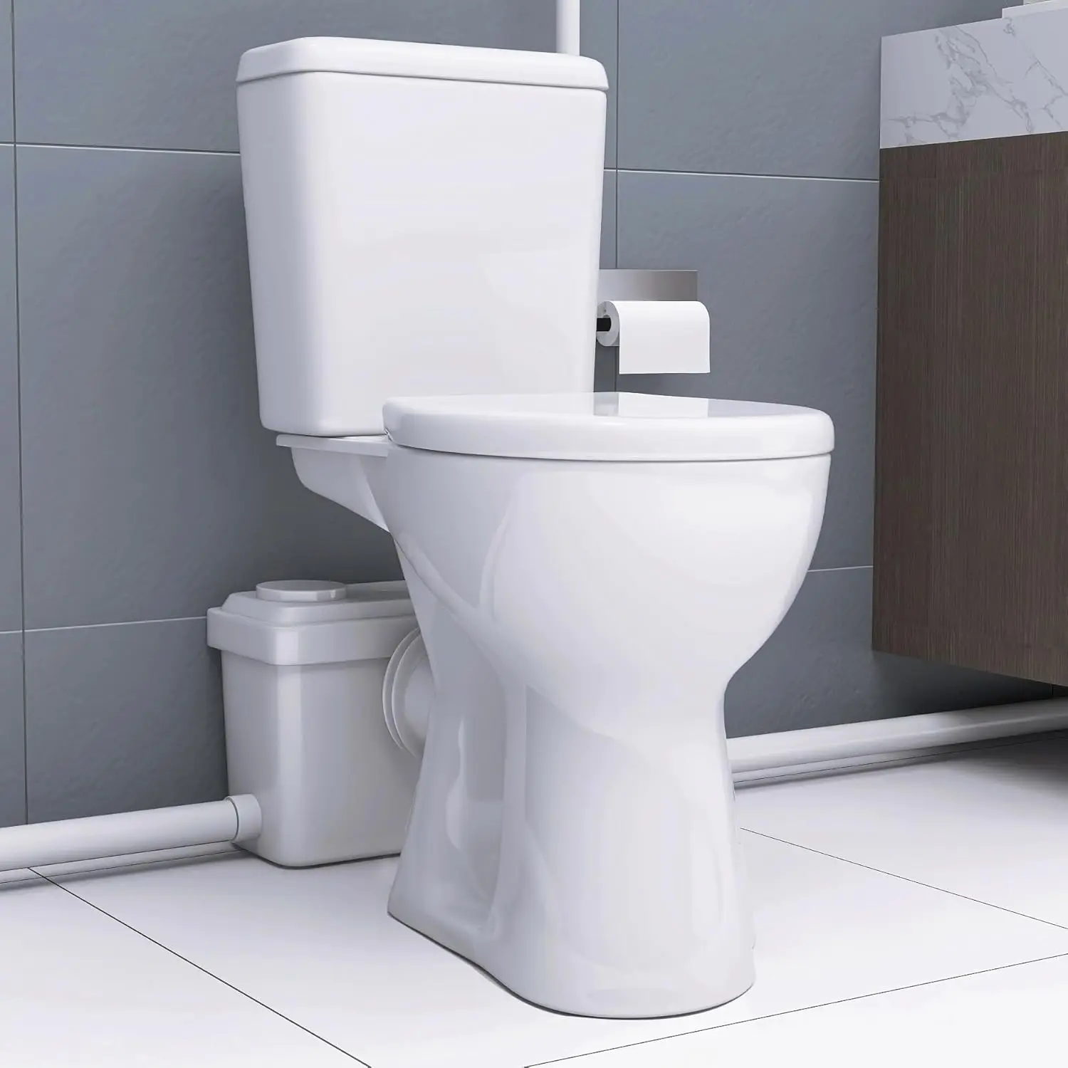 

750W Macerator Pump Toilet Upflush System for Basement Extra Tall 19" Comfort Bowl With Dual Flush Toilet Tank &, Customized