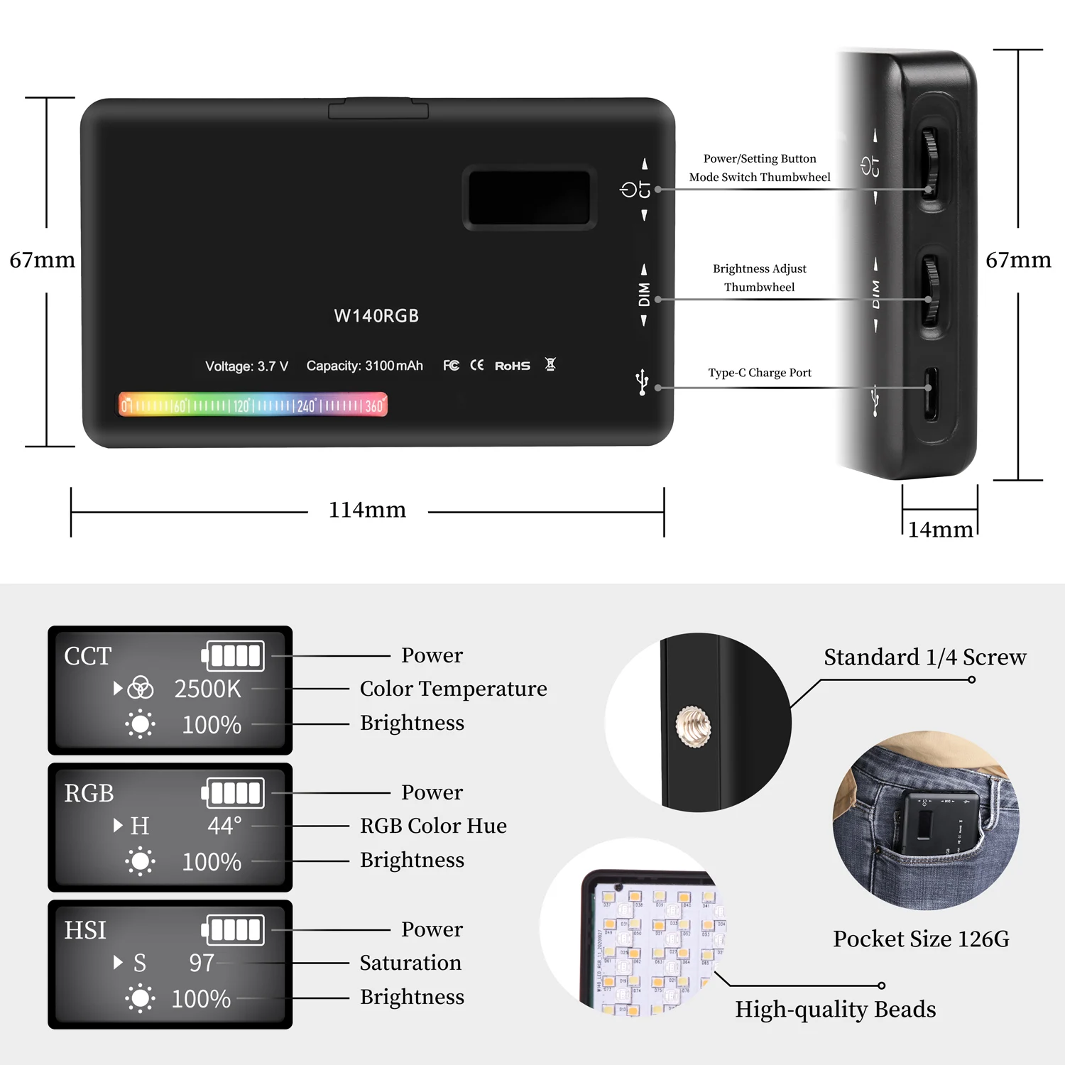 LED Camera Light RGB Full Color Output Video Lamp Kit 3100mAh Battery With 140 Beads Dimmable 2500K-8500K Bi-Color Panel Light