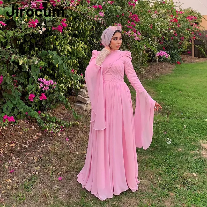 Jirocum Long Sleeve O Neck Muslim Prom Gowns Women Diamond Party Evening Gown Elegant A Line Arabian Formal Occasion Dress 2024