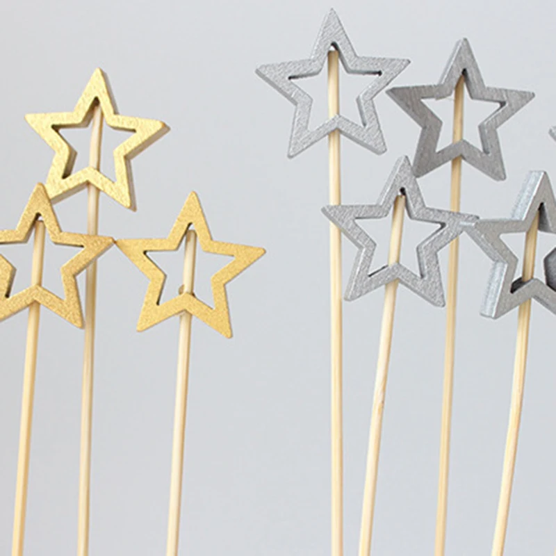 50pcs Pentagram Cake Topper Long Sticks Gold Silver Fruit Toothpick  Disposable Papeer Cupcake Fork Stick Birhtday Wedding Party